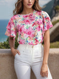 Floral Round Neck Flutter Sleeve Blouse - Trendsi