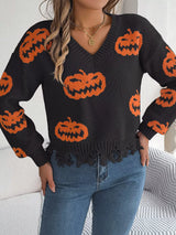 Halloween Pumpkin Pattern Raw Hem V-Neck Sweater - Trendsi - Flyclothing LLC