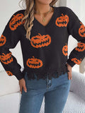 Halloween Pumpkin Pattern Raw Hem V-Neck Sweater - Trendsi - Flyclothing LLC
