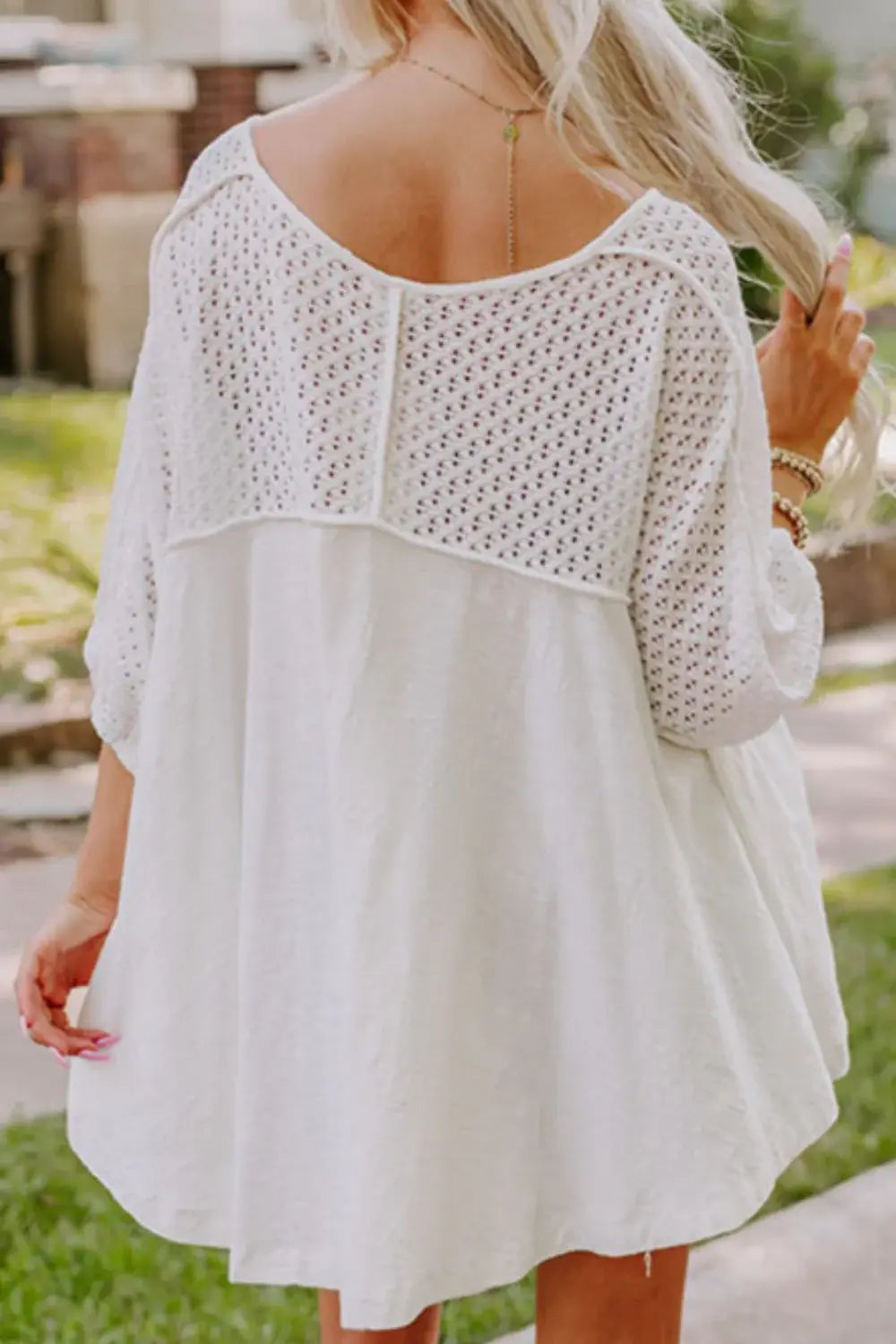 Openwork High Low Hem V Neck Oversized Top - Trendsi - Flyclothing LLC