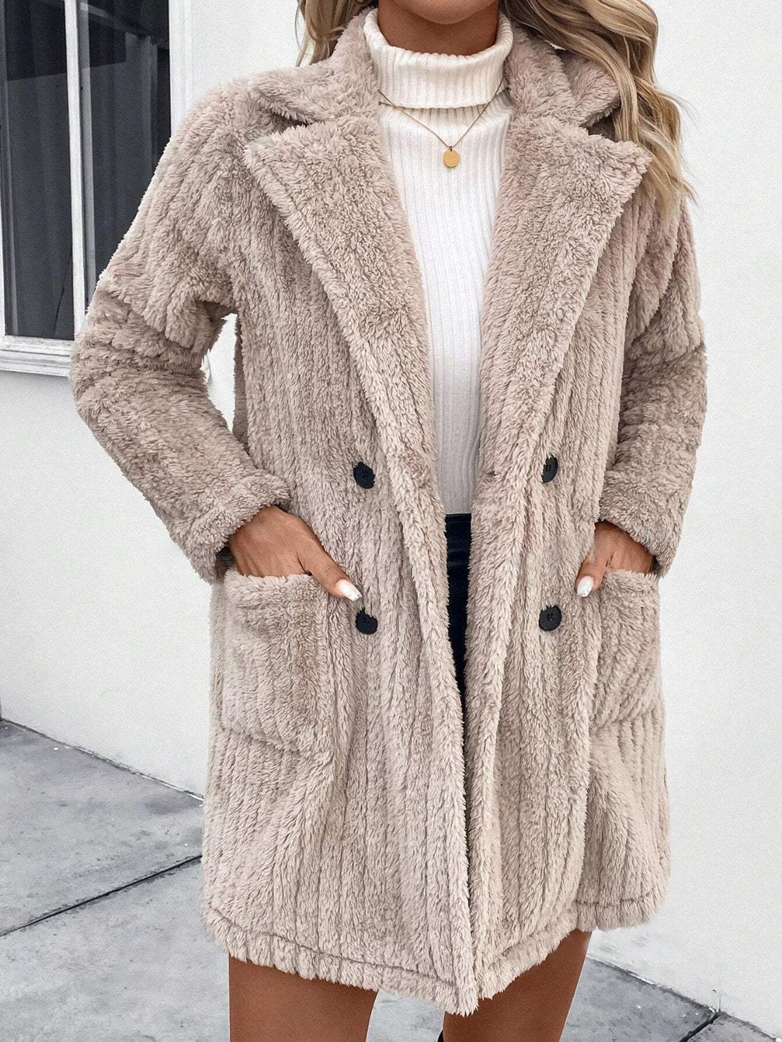 Fuzzy Button Up Long Sleeve Coat with Pockets - Trendsi - Flyclothing LLC