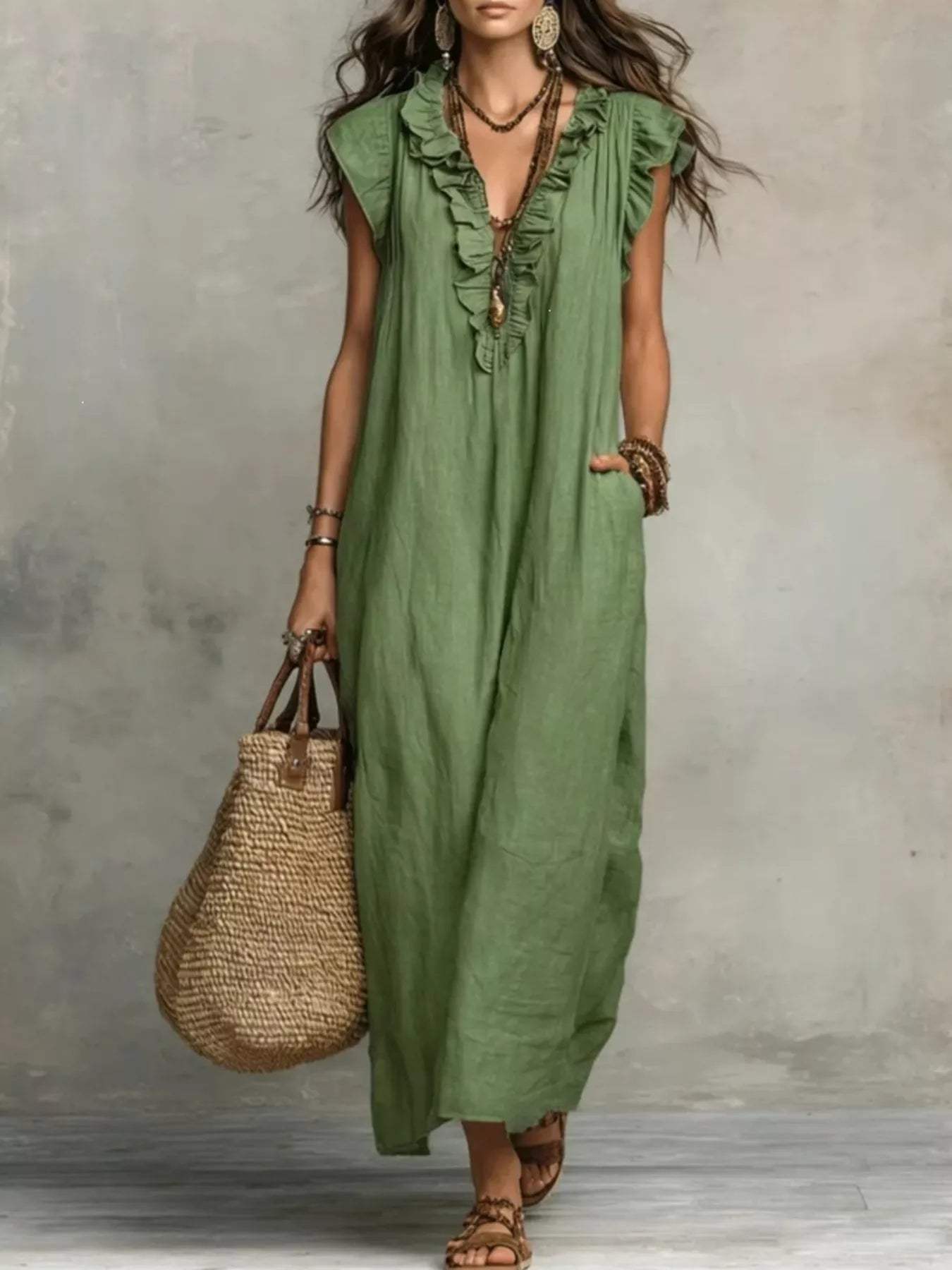 Full Size Ruffled V-Neck Cap Sleeve Maxi Dress Plus Size - Trendsi - Flyclothing LLC