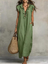 Full Size Ruffled V-Neck Cap Sleeve Maxi Dress Plus Size - Trendsi - Flyclothing LLC