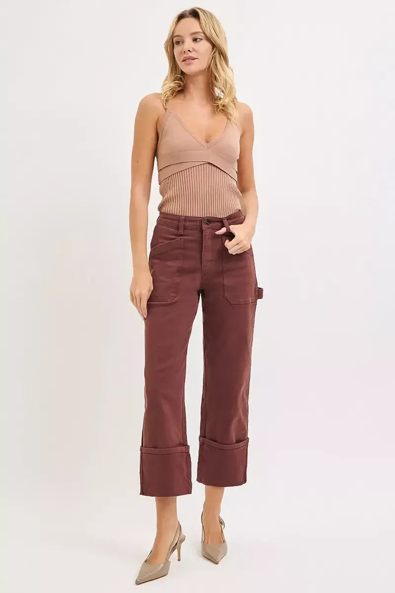 RISEN Full Size High Rise Wide Straight Cuffed Patch Jeans Plus Size - Trendsi - Flyclothing LLC
