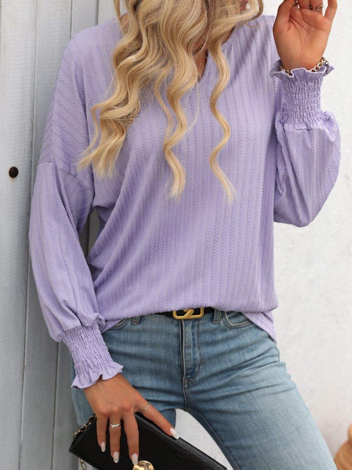 Textured Notched Lantern Sleeve T-Shirt - Trendsi - Flyclothing LLC