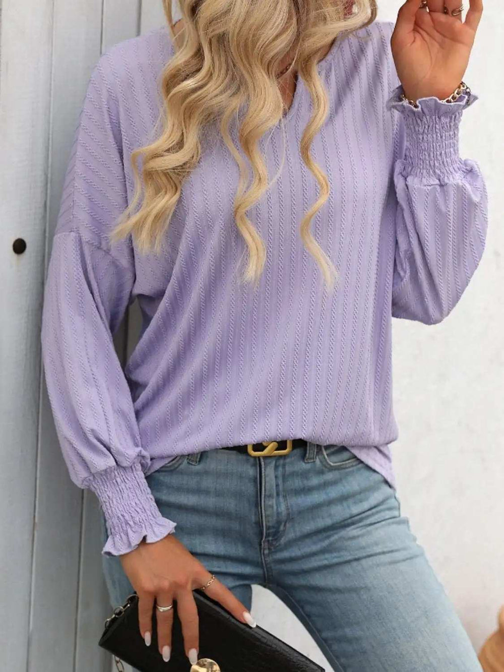 Textured Notched Lantern Sleeve T-Shirt - Trendsi - Flyclothing LLC