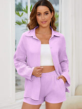 Button Up Long Sleeve Top and Shorts Set - Trendsi - Flyclothing LLC