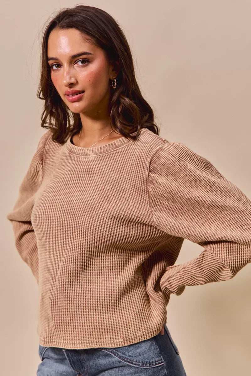 SO ME Mineral Washed Waffle Top With Puff Sleeves - Trendsi - Flyclothing LLC