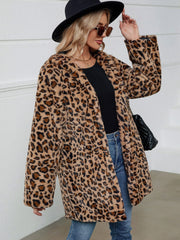 Fuzzy Leopard Hooded Long Sleeve Jacket - Trendsi