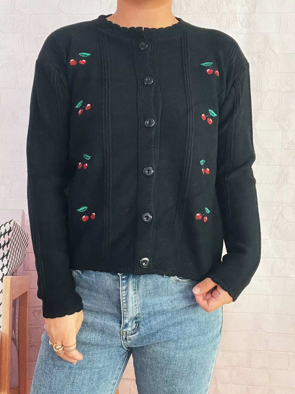 Cherry Embroidered Button Up Cardigan - Trendsi - Flyclothing LLC