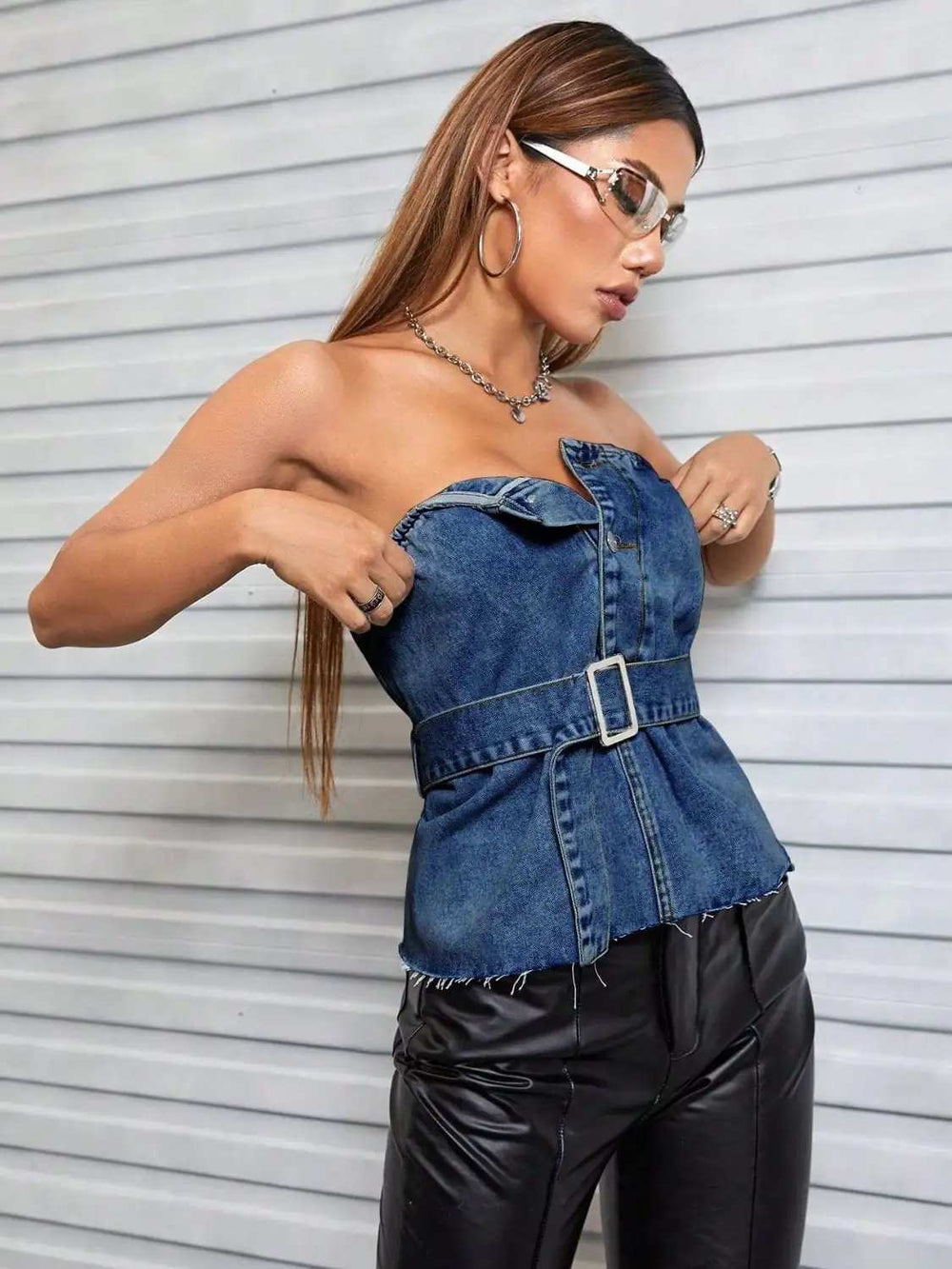Buttoned Raw Hem Tube Denim Top - Trendsi - Flyclothing LLC