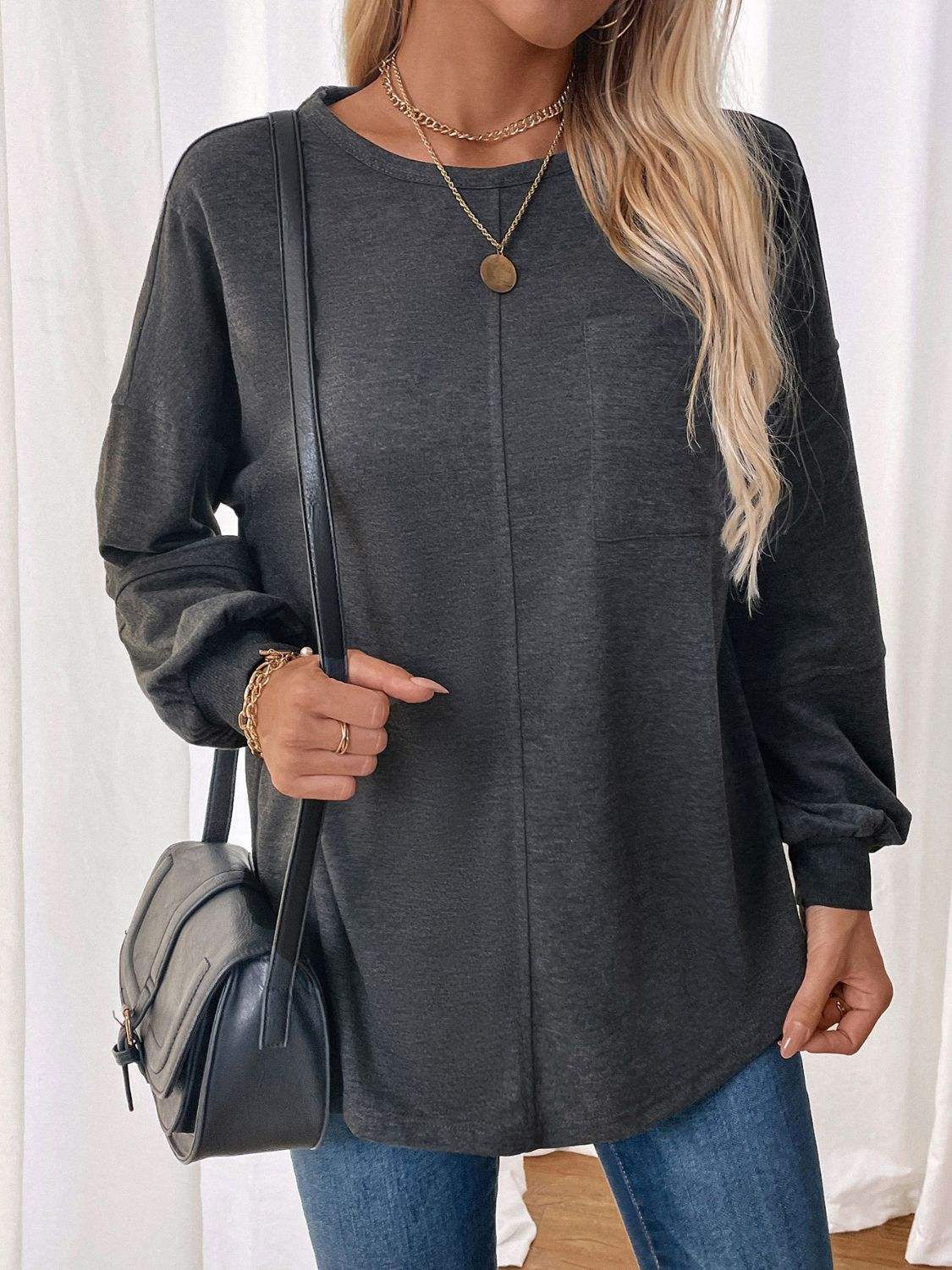 Perfee Pocketed Round Neck Long Sleeve Sweatshirt - Trendsi - Flyclothing LLC