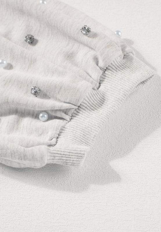 Rhinestone Pearl Detail Round Neck Puff Sleeve Top - Trendsi - Flyclothing LLC
