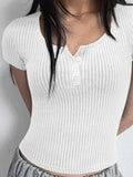 Ribbed Button Detail Round Neck Short Sleeve T-Shirt - Trendsi - Flyclothing LLC