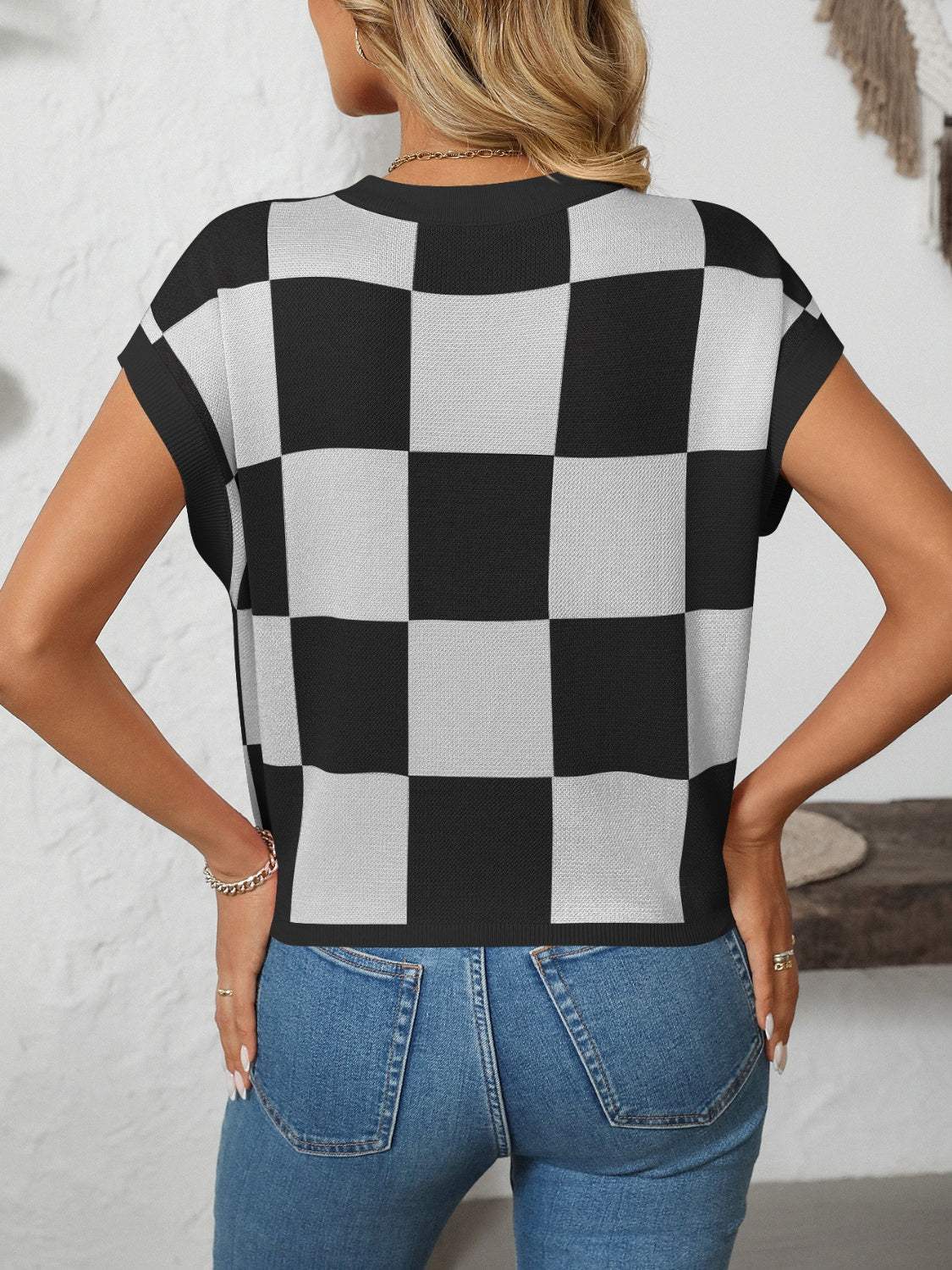 Mandy Checkered Round Neck Cap Sleeve Knit Top - Trendsi - Flyclothing LLC