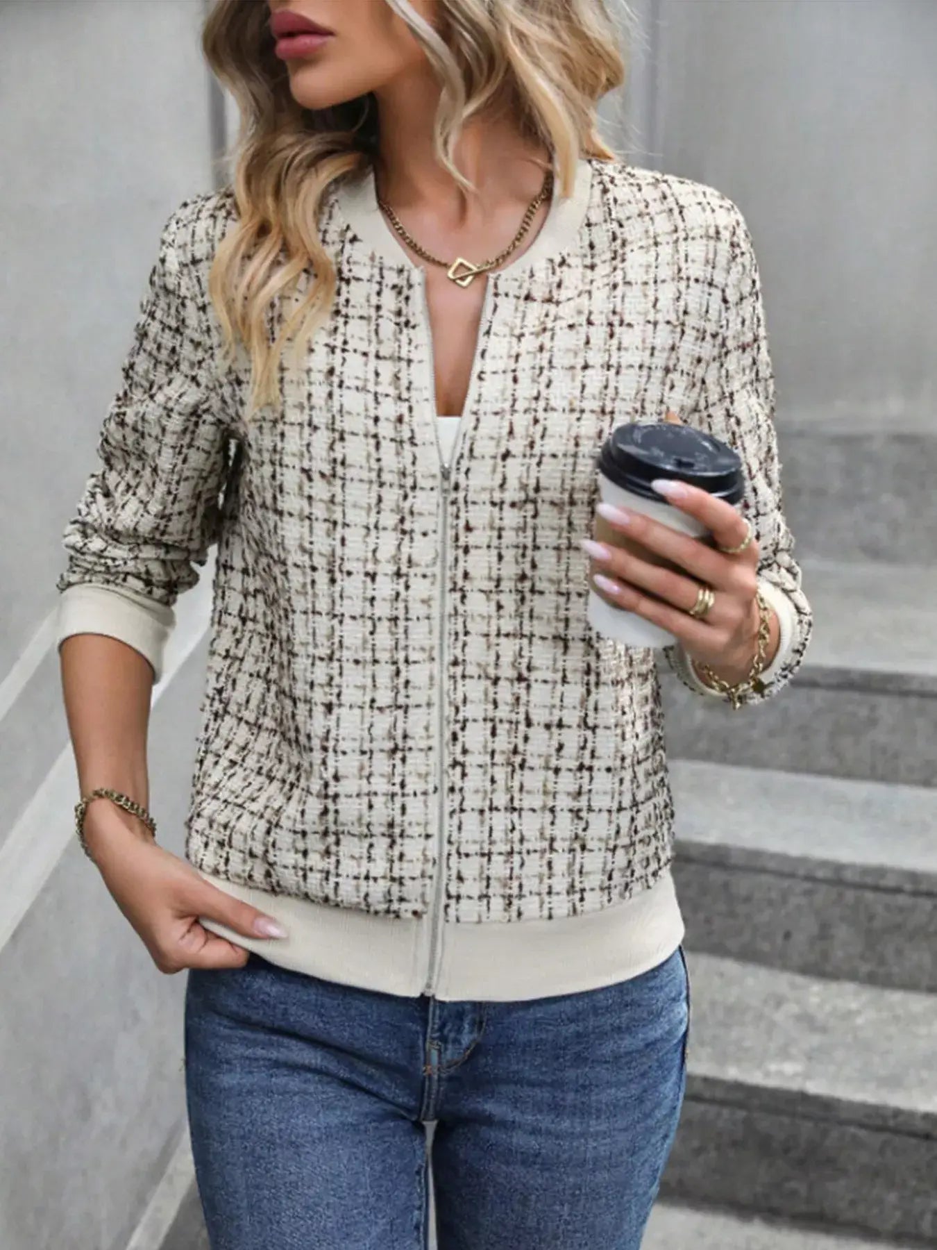Tweed Zip Up Bomber Jacket - Trendsi - Flyclothing LLC