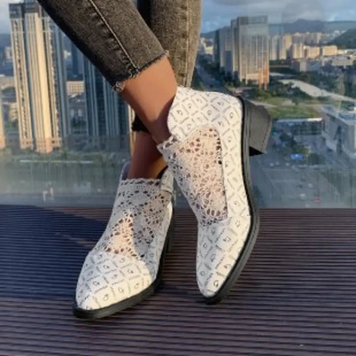 Printed Point Toe Block Heels Boots - Trendsi - Flyclothing LLC