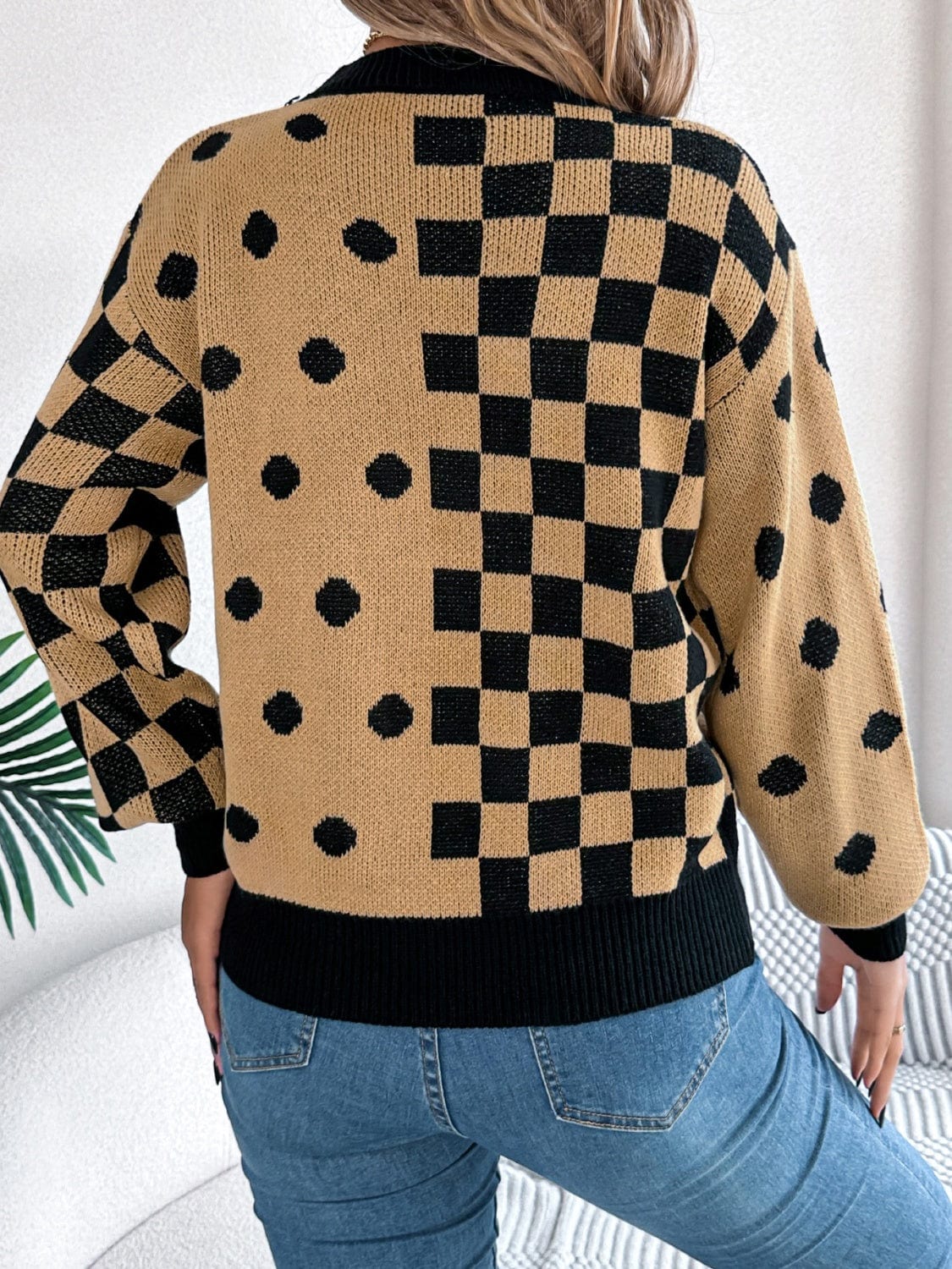 Plaid Round Neck Long Sleeve Sweater - Trendsi
