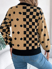 Plaid Round Neck Long Sleeve Sweater - Trendsi