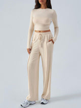 Devine Round Neck Long Sleeve Top and Pants Set - Trendsi - Flyclothing LLC
