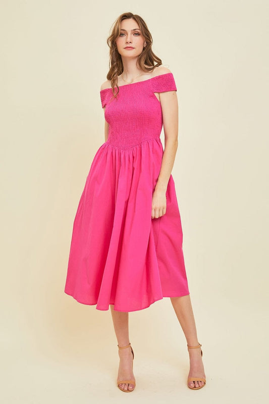 HEYSON Off-Shoulder Smocked Midi Dress - Trendsi