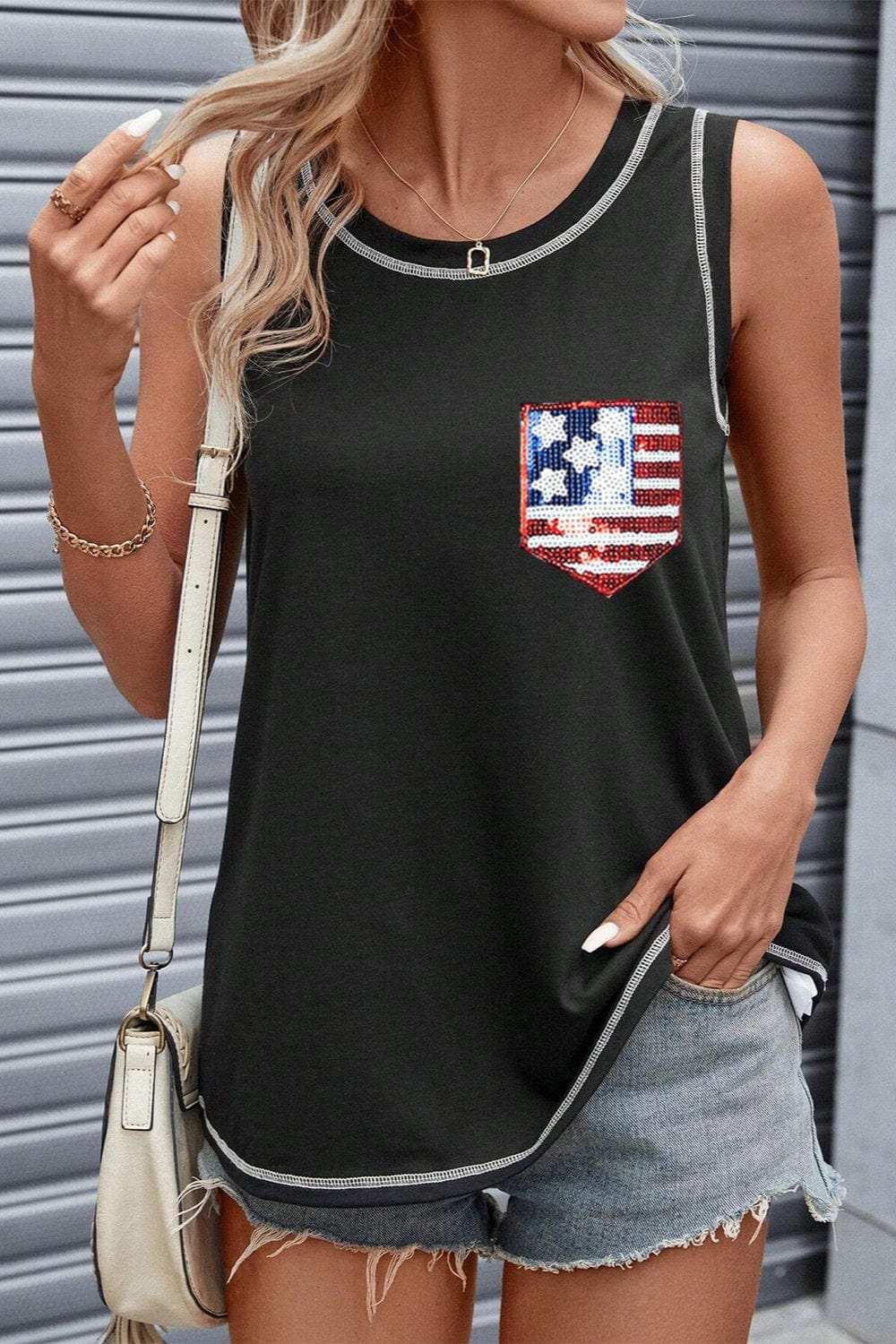 Sequin US Flag Round Neck Tank - Trendsi - Flyclothing LLC