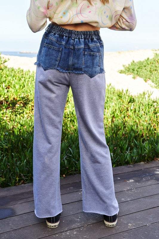 Davi & Dani Raw Hem Denim Patchwork Wide Leg Pants - Trendsi - Flyclothing LLC