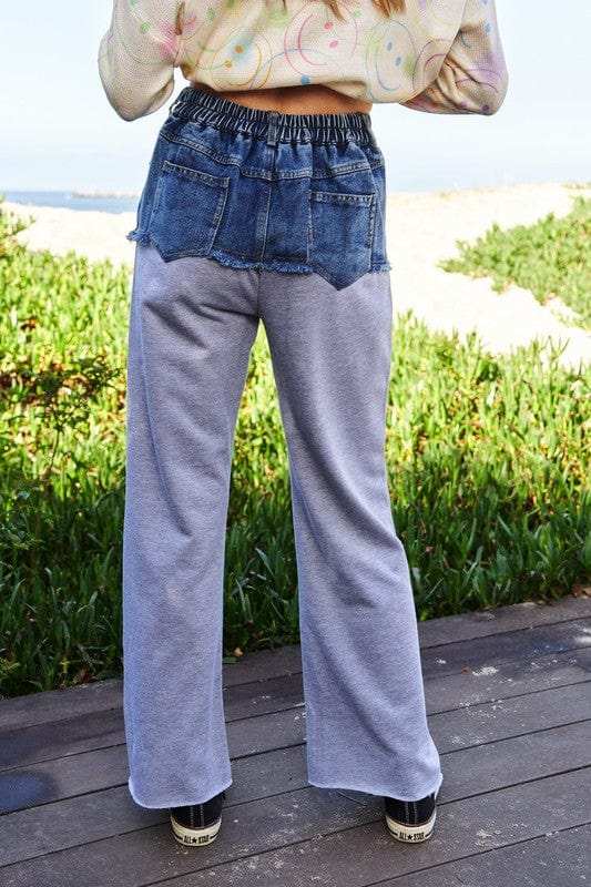 Davi & Dani Raw Hem Denim Patchwork Wide Leg Pants - Trendsi - Flyclothing LLC
