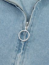 Elastic Edge Collared Zip Up Denim Jacket With Pocket - Trendsi - Flyclothing LLC