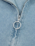 Elastic Edge Collared Zip Up Denim Jacket With Pocket - Trendsi - Flyclothing LLC