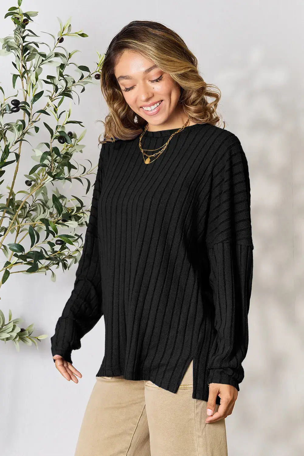 Basic Bae Full Size Ribbed Round Neck Slit Knit Top - ShopBasicbae - Flyclothing LLC