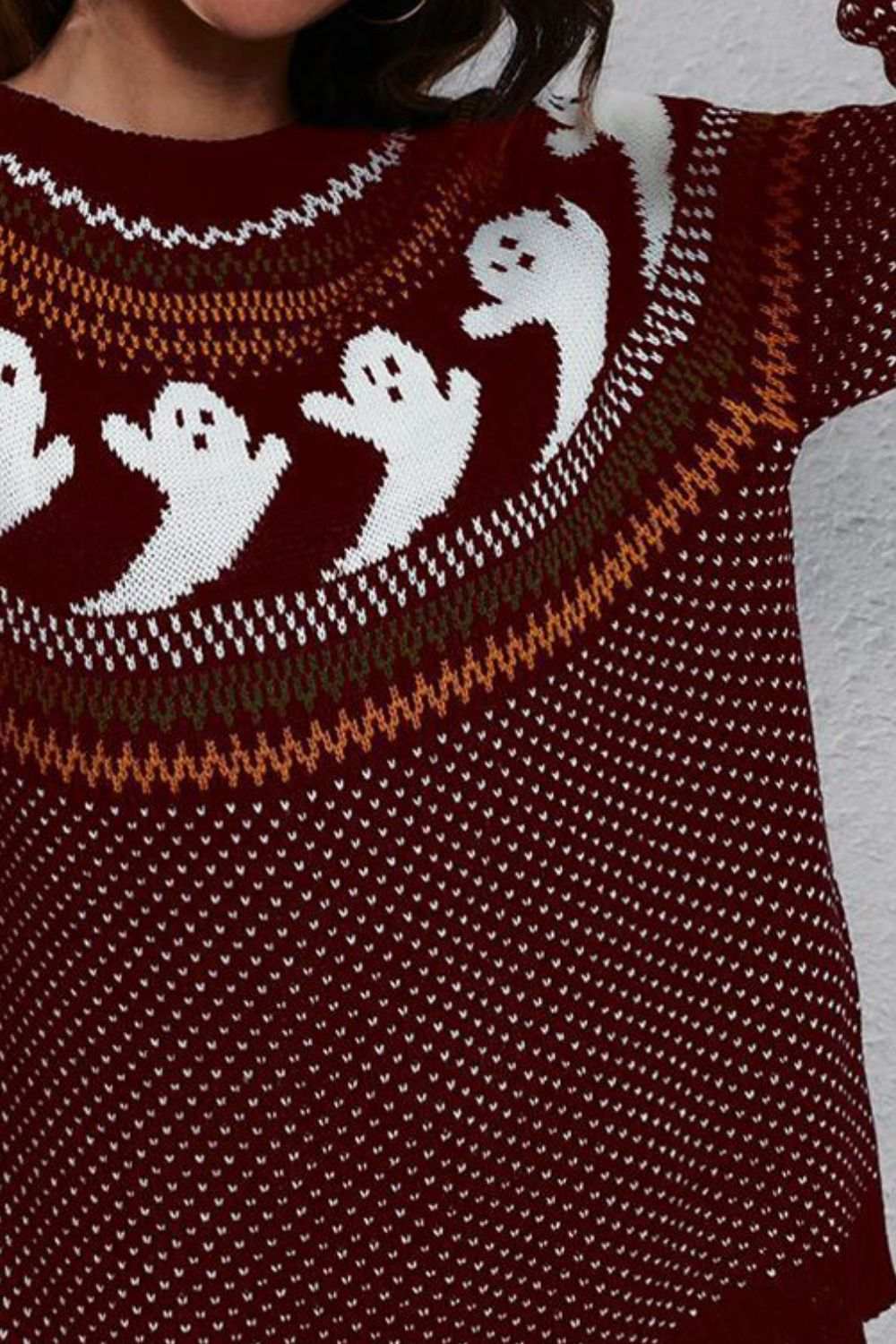Ghost Pattern Round Neck Long Sleeve Sweater - Trendsi - Flyclothing LLC