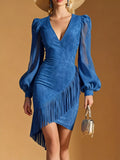 Suede Fringe V-Neck Mini Dress - Trendsi - Flyclothing LLC