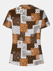 Printed Notched Short Sleeve Blouse - Trendsi