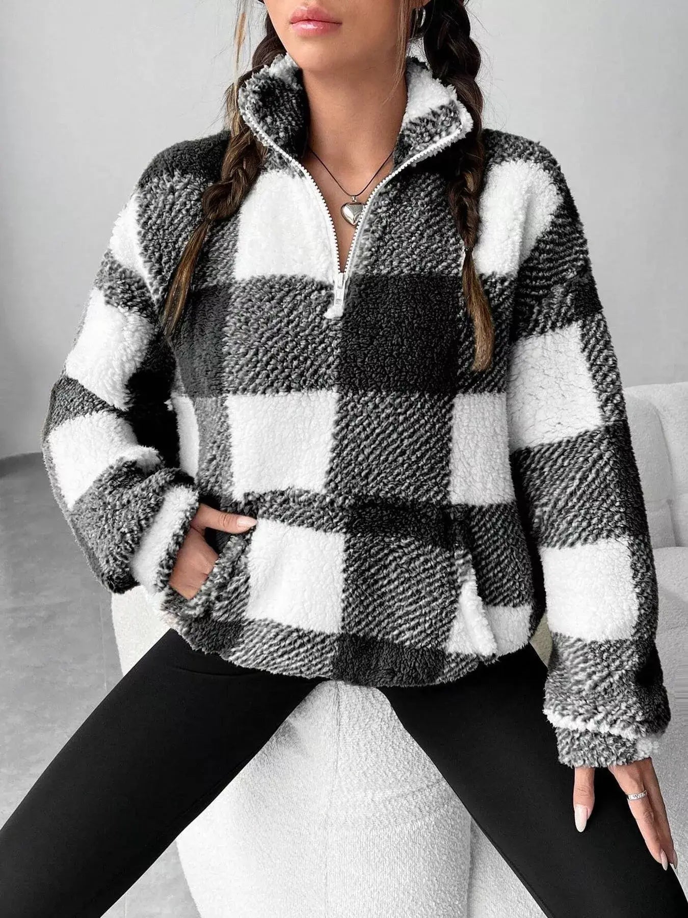 Full Size Plaid Sherpa Long Sleeve Sweatshirt Plus Size - Trendsi - Flyclothing LLC