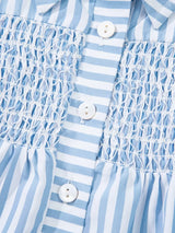 Stripe Shirred Detail Half Placket Collared Long Sleeve Shirt - Trendsi - Flyclothing LLC