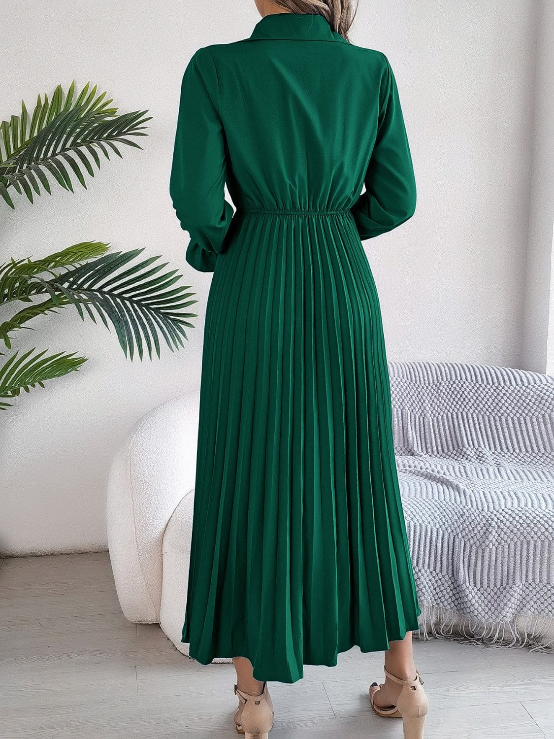 Pleated Half Button Long Sleeve Midi Dress - Trendsi