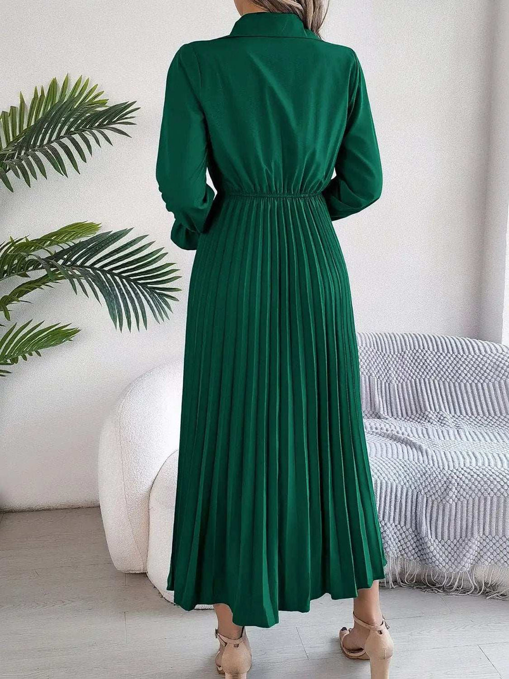 Pleated Half Button Long Sleeve Midi Dress - Trendsi - Flyclothing LLC