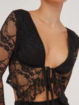 Tied Plunge Long Sleeve Lace Cropped Shirt - Trendsi - Flyclothing LLC