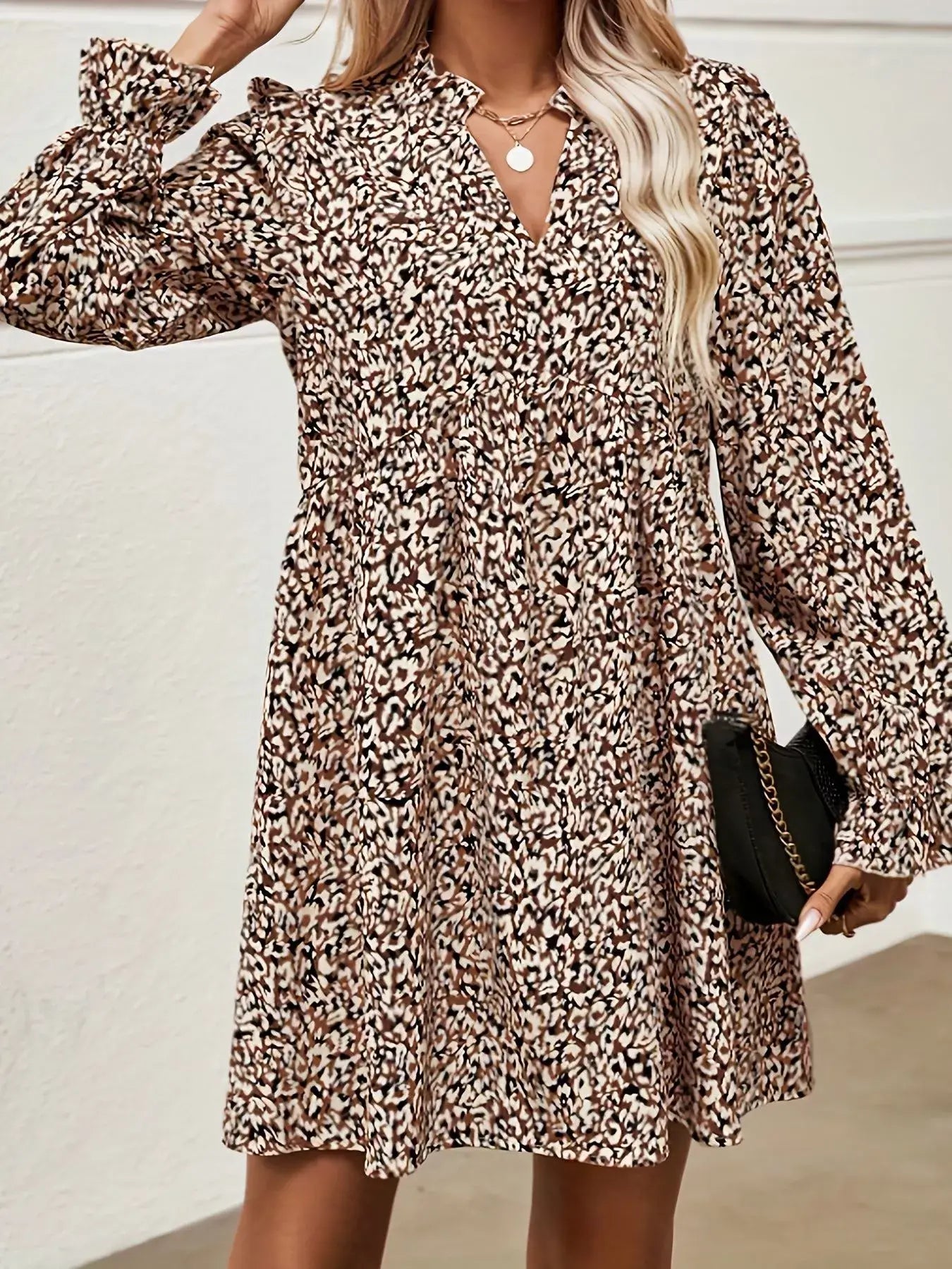Notched Flounce Sleeve Mini Dress - Trendsi - Flyclothing LLC