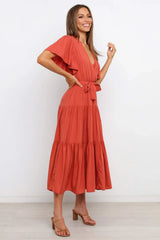 Tied Tiered Short Sleeve Midi Dress - Trendsi - Flyclothing LLC