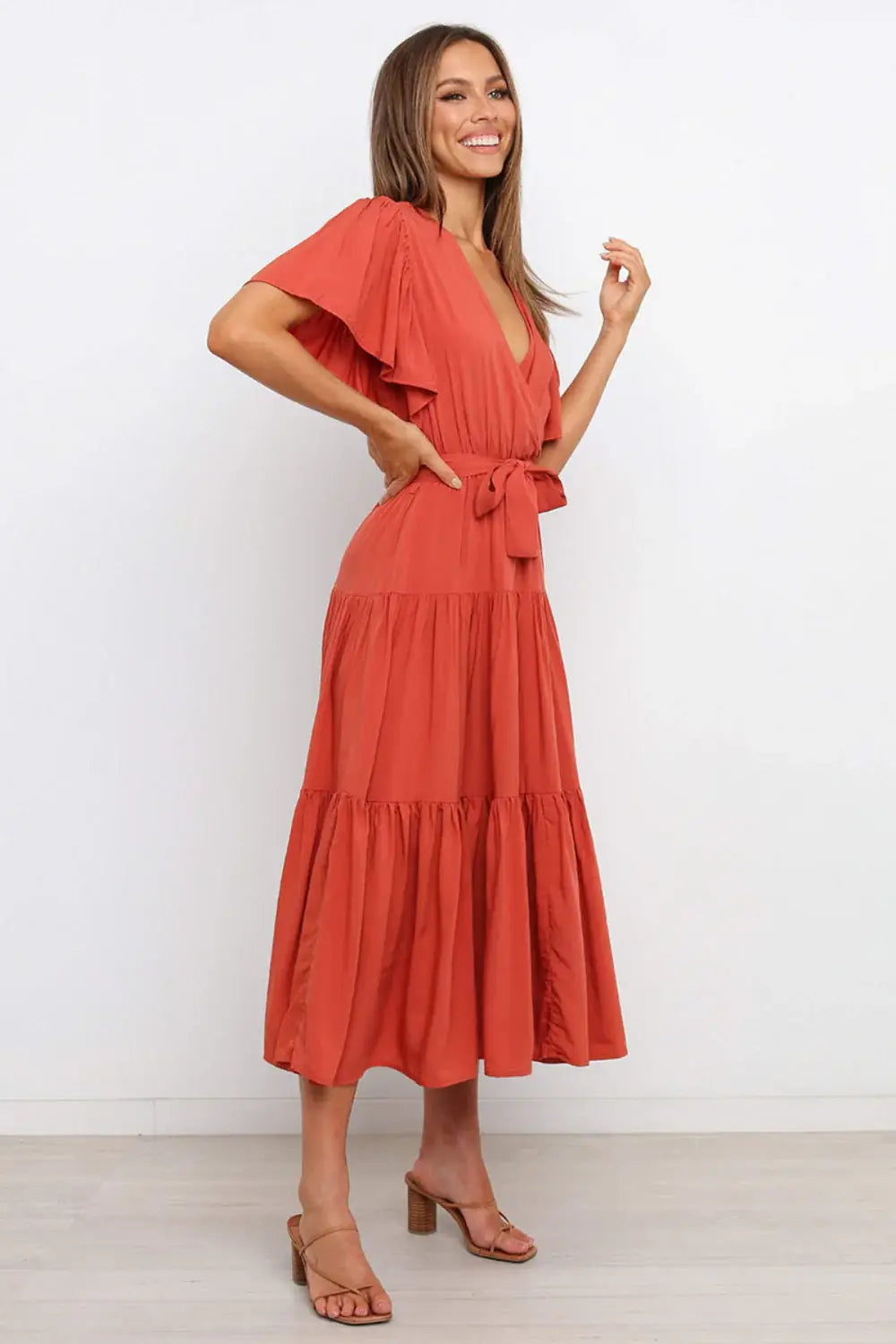 Tied Tiered Short Sleeve Midi Dress - Trendsi - Flyclothing LLC