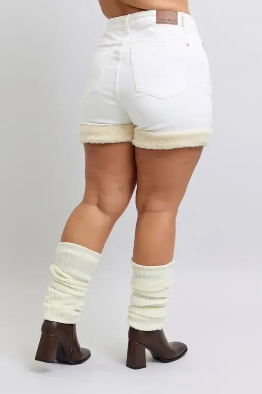 Judy Blue Full Size High Waist Shearling Cuff Denim Shorts Plus Size - Trendsi - Flyclothing LLC