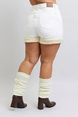 Judy Blue Full Size High Waist Shearling Cuff Denim Shorts Plus Size - Trendsi - Flyclothing LLC