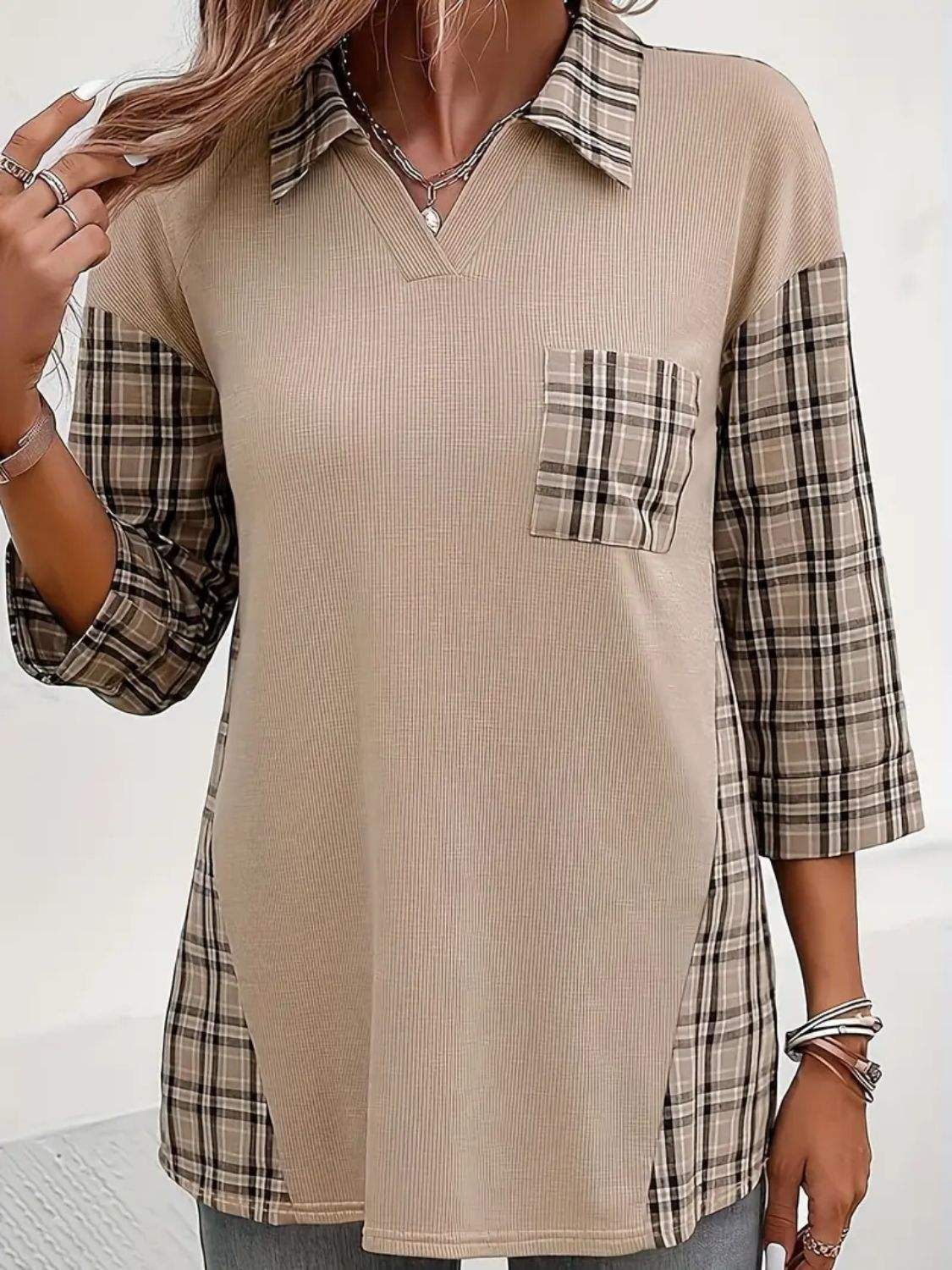 Plaid Johhny Collar Three-Quarter Sleeve T-Shirt - Trendsi - Flyclothing LLC