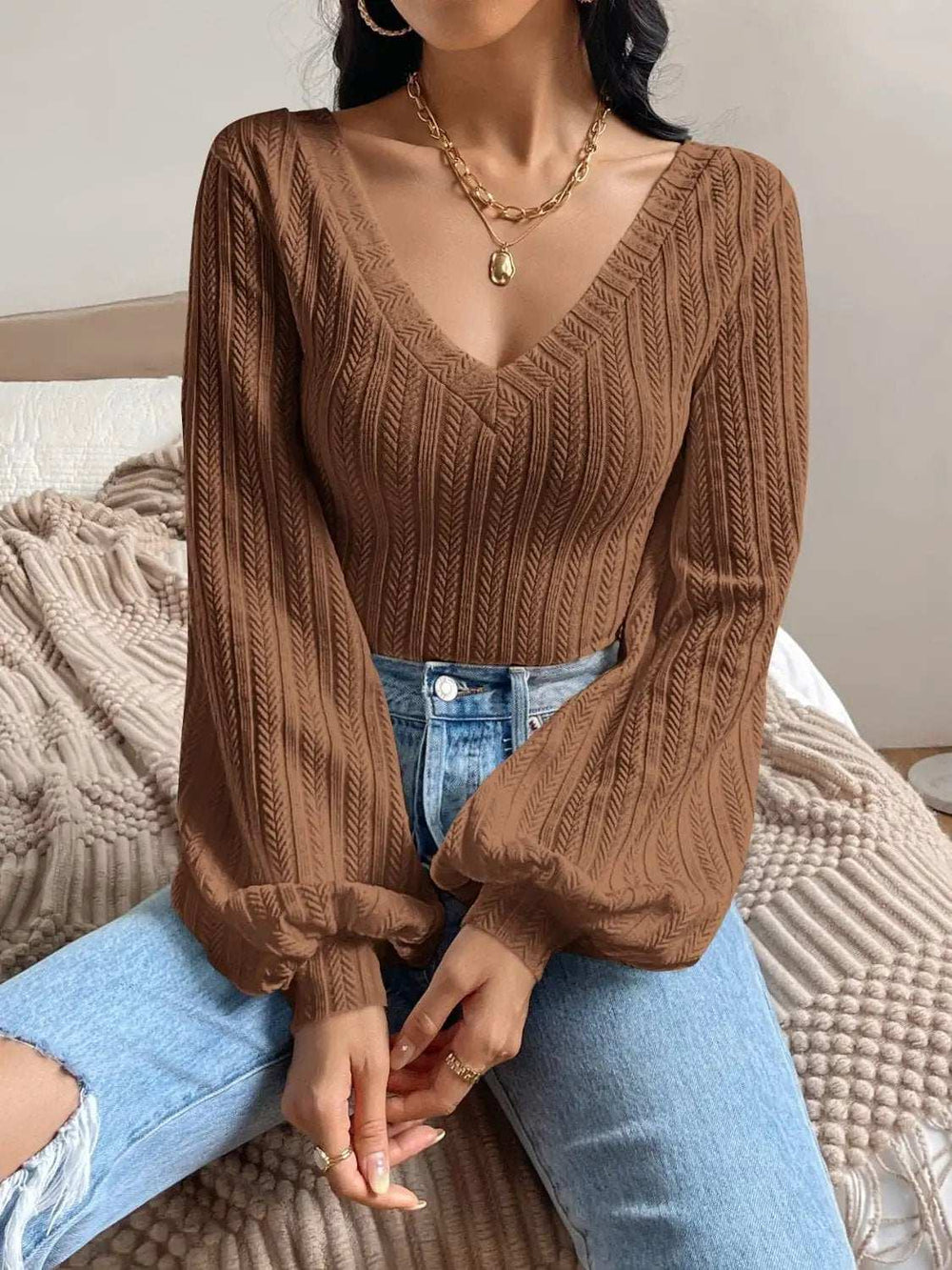 V-Neck Long Sleeve T-Shirt - Trendsi - Flyclothing LLC