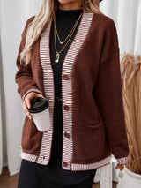 Striped Trim Button Front Pocket Knit Cardigan - Trendsi - Flyclothing LLC