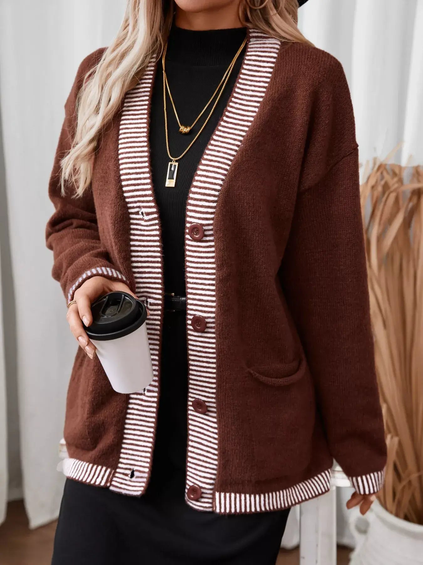 Striped Trim Button Front Pocket Knit Cardigan - Trendsi - Flyclothing LLC