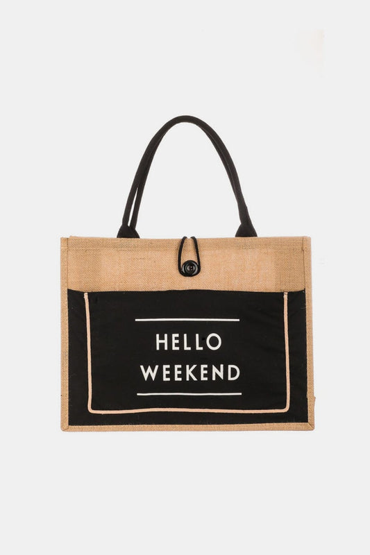 Fame Hello Weekend Burlap Tote Bag - Trendsi