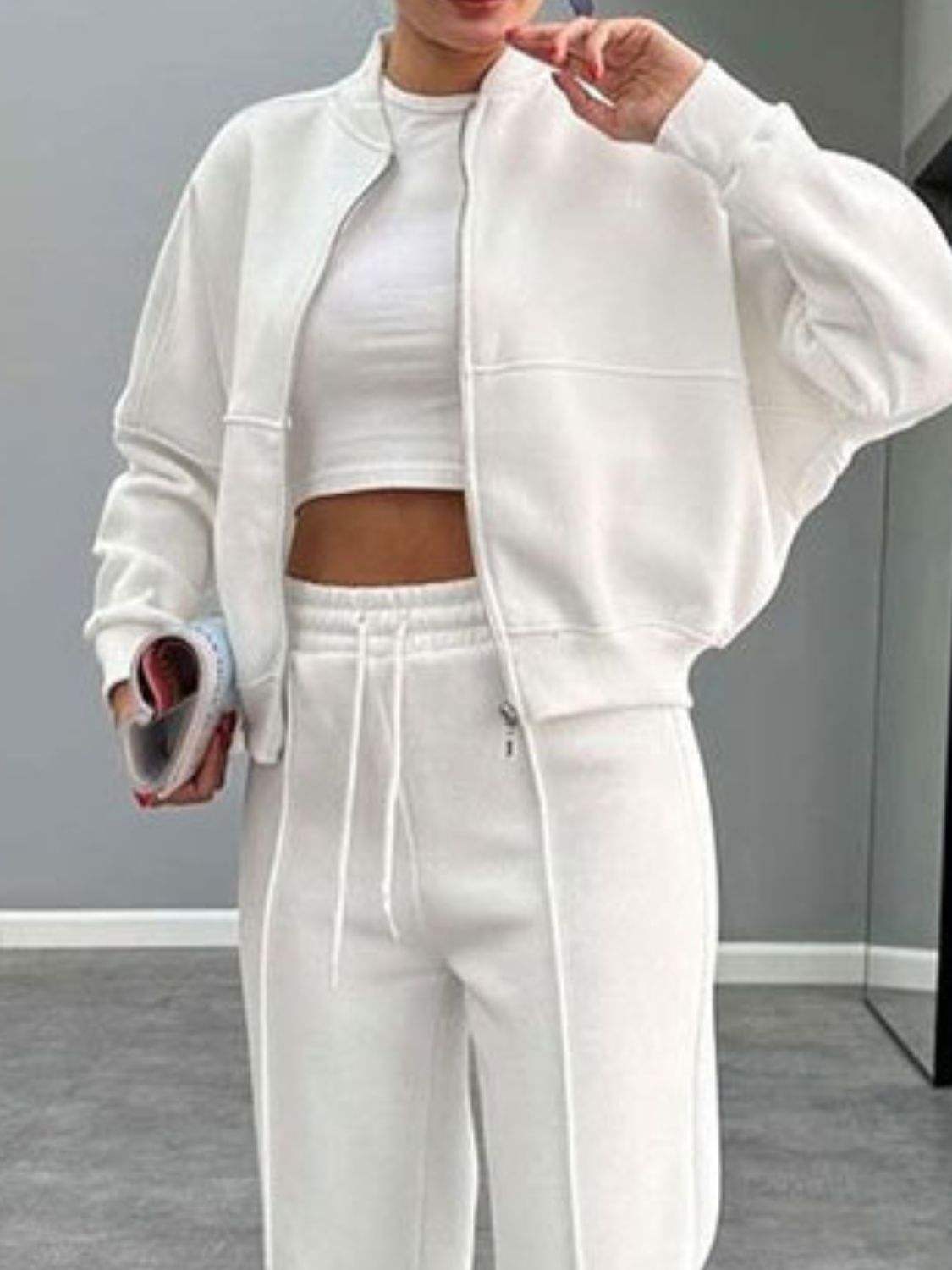 Baseball Collar Zip Up Outerwear and Drawstring Pants Set - Trendsi - Flyclothing LLC
